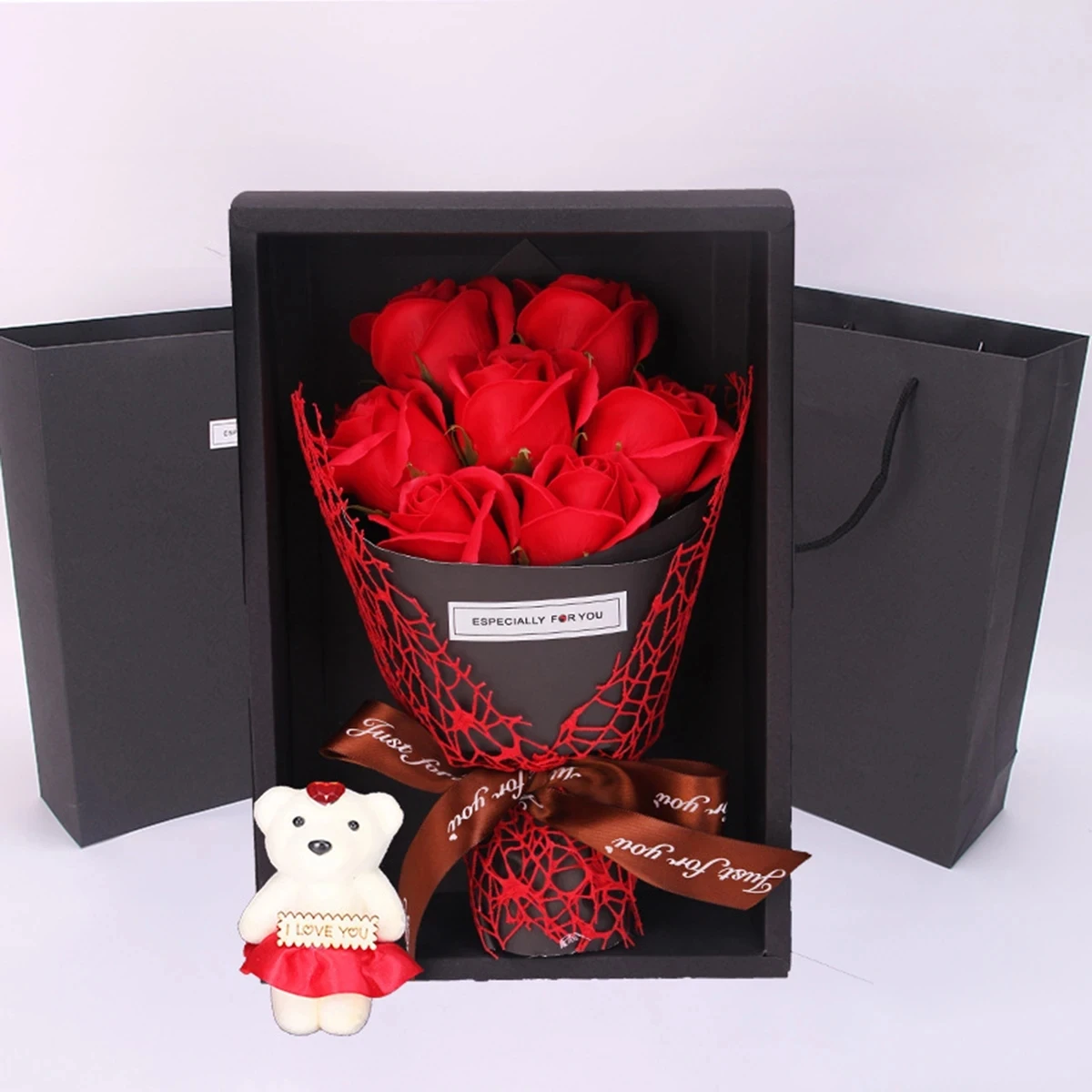 1Pc Handmade 7 Rose Soap Bouquet Little Bear Gift Box Creative Valentine's Day Mother's Day Birthday Party Rose Flower Gifts 1