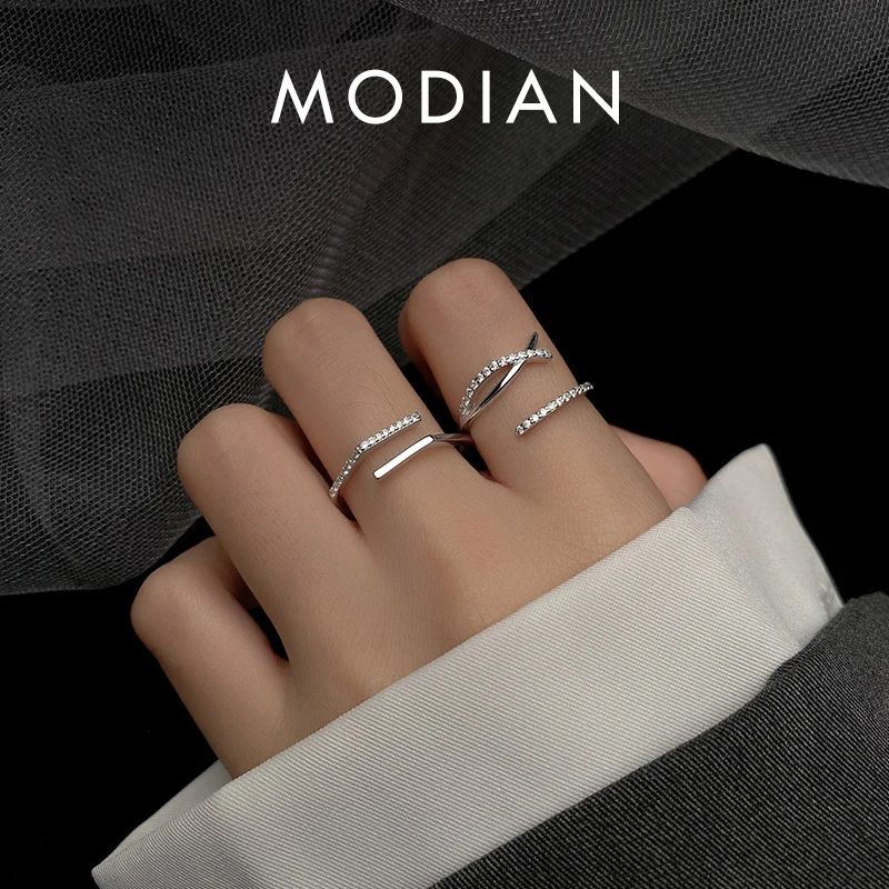 Modian Authentic 925 Sterling Silver Shining Zircon Geometric Polygon Line Open Adjustable Finger Ring for Women Fine Jewelry 1