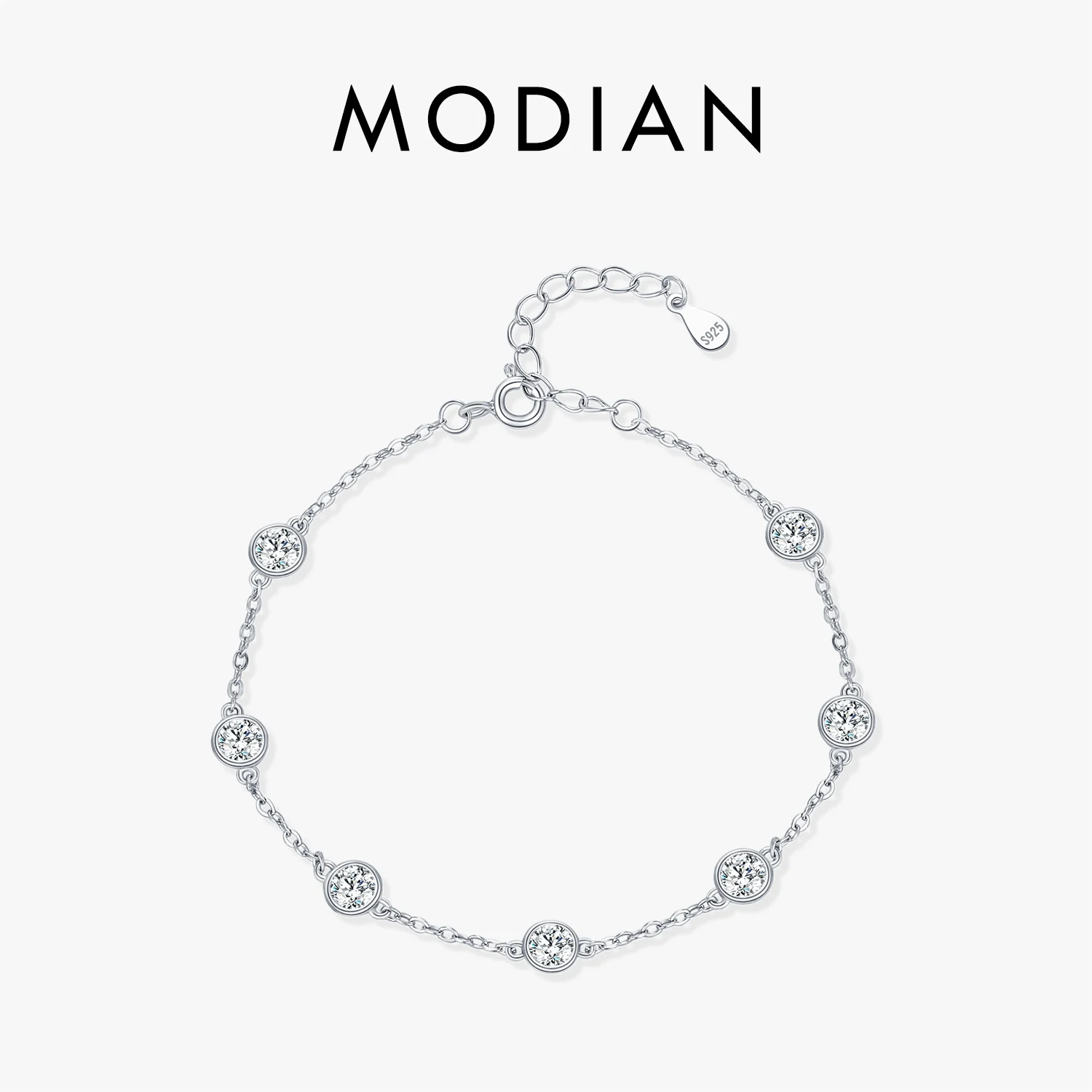 MODIAN 925 Sterling Silver Bezel Round Sparkling Clear Cubic Zirconia Stackable Charm Fashion Bracelet For Women Fine Jewelry 1