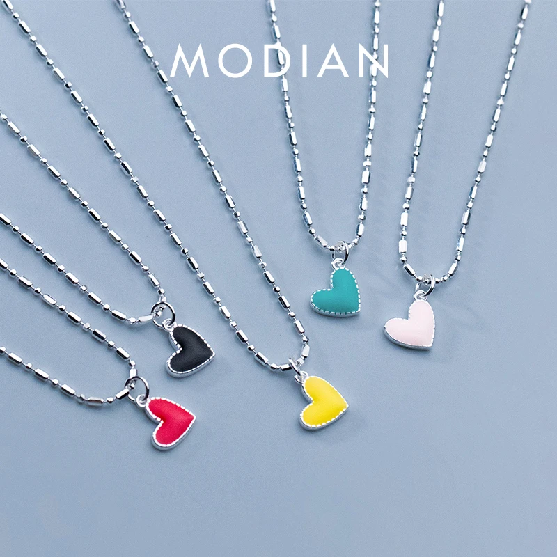 Modian 925 Sterling Silver Minimalism Rainbow Color Enamel Hearts Pendant Necklace Trendy Link Chain For Women Wedding Jewelry 1