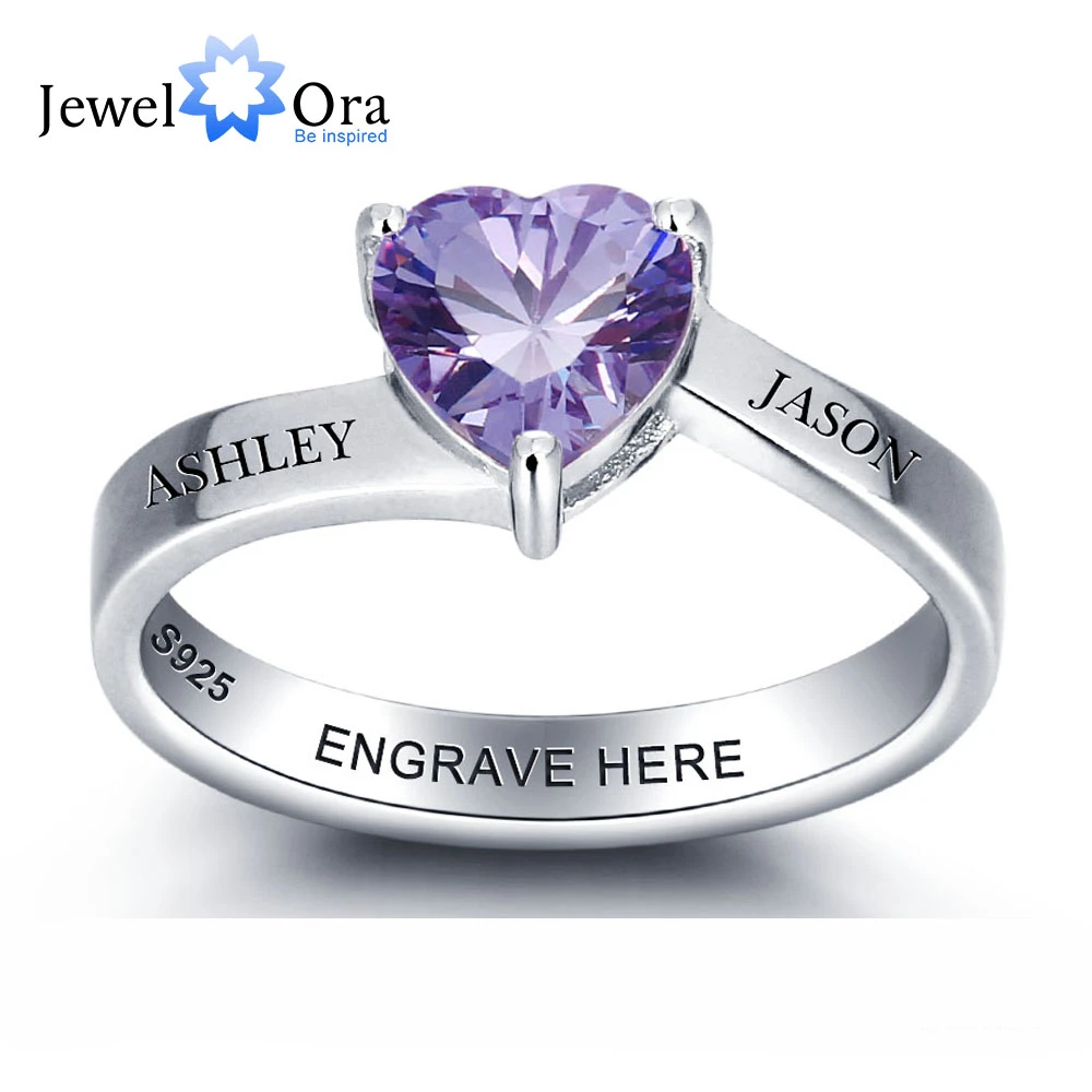 Personalized 925 Sterling Silver Heart Birthstone Ring DIY Jewelry For Couples Customize Name Ring Best Gift (JewelOra RI101975) 1