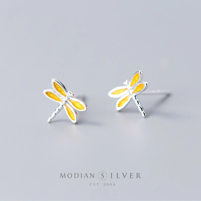 Modian Tiny Sweet Insect Small Ears Pin 100% 925 Sterling Silver Yellow Enamel Dragonfly Stud Earrings For Women Fine Jewelry 1
