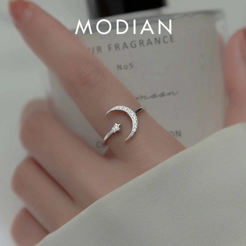 Modian Genuine 925 Sterling Silver Twinkle Zircon Star Moon Slim Ring for Women Fashion Free Size Ring Wedding Gift Fine Jewelry 1
