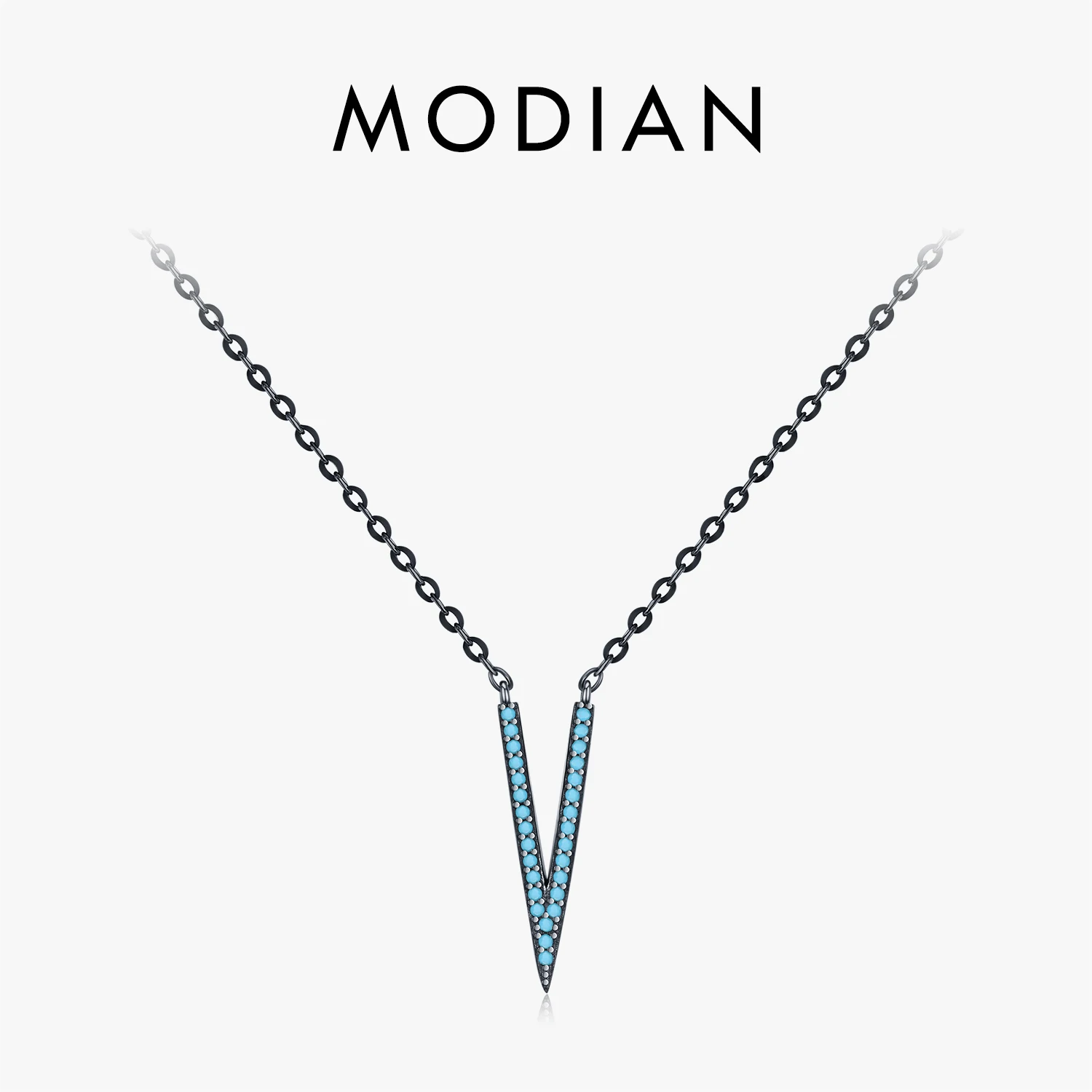 MODIAN 925 Sterling Silver V Shape Synthetic Turquoise Pendant Necklace Punk Black Sytle Stackable Necklace For Women Jewelry 1
