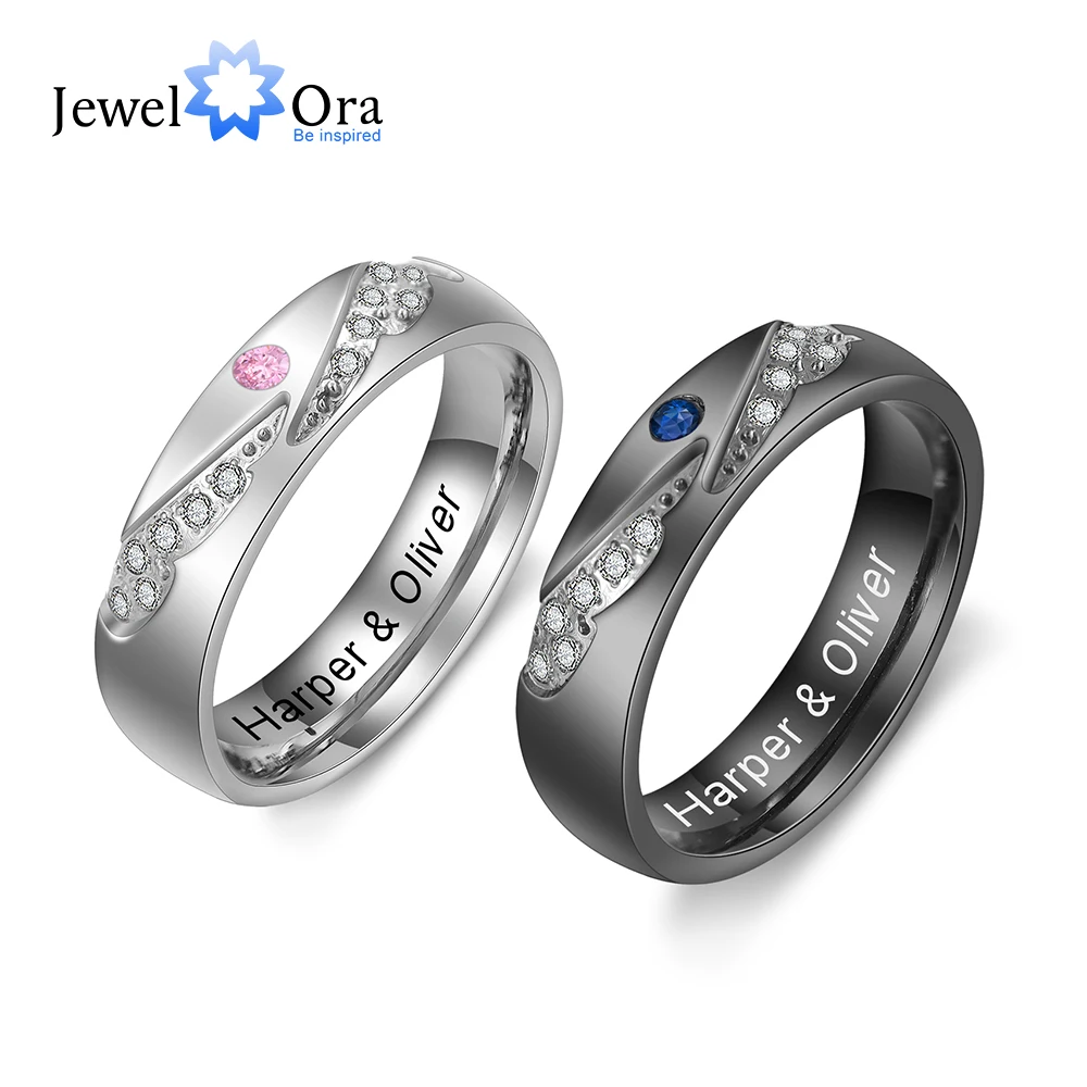 Personalized Zirconia Angel Wings Engraved Rings for Women Customized Birthstone Couple Rings for Lovers Valentines Day Gifts 1