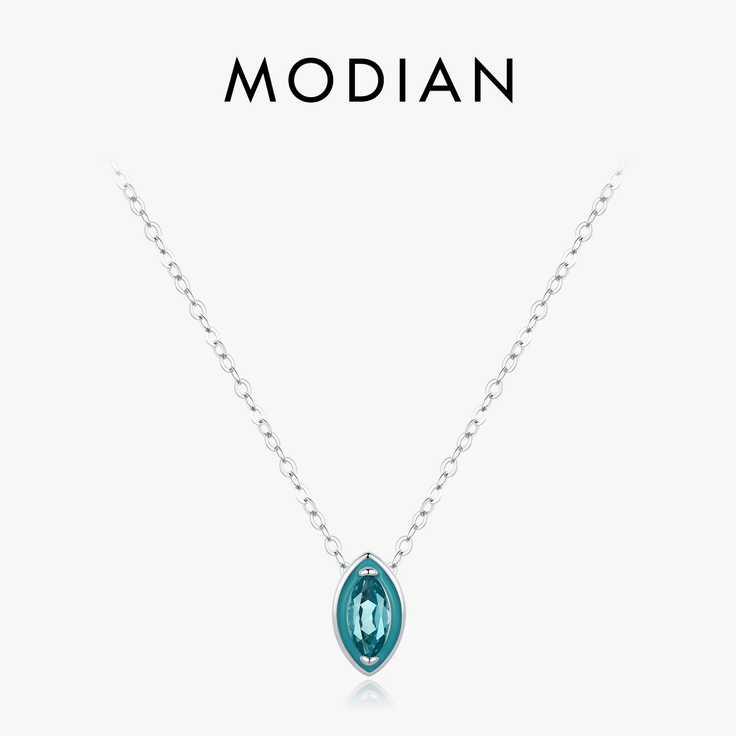MODIAN 925 Sterling Silver Fashion Mint Green Enamel Pendant Necklace Eye Shape Zircon Link Chain For Women Fine Jewelry Gifts 1