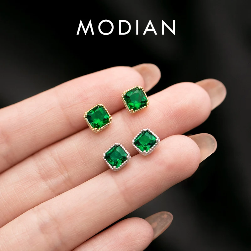 Modian Luxury Square Green Cubic Zirconia Stud Earrings 925 Sterling Silver Natural Stone For Women Wedding Fashion Jewelry 1