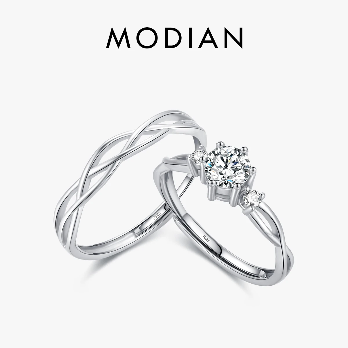 MODIAN Real 925 Sterling Silver Simple Line Wedding Couple Ring Adjustable Size 6-9 Statement Jewelry For Women Anniversary Gift 1