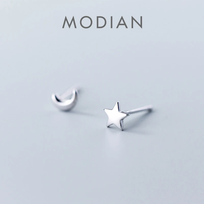 Modian Fashion Minimalist Star Moon Asymmetry 100% 925 Sterling Silver Anti-Allergy Stud Earring for Women Fine Jewelry Brincos 1
