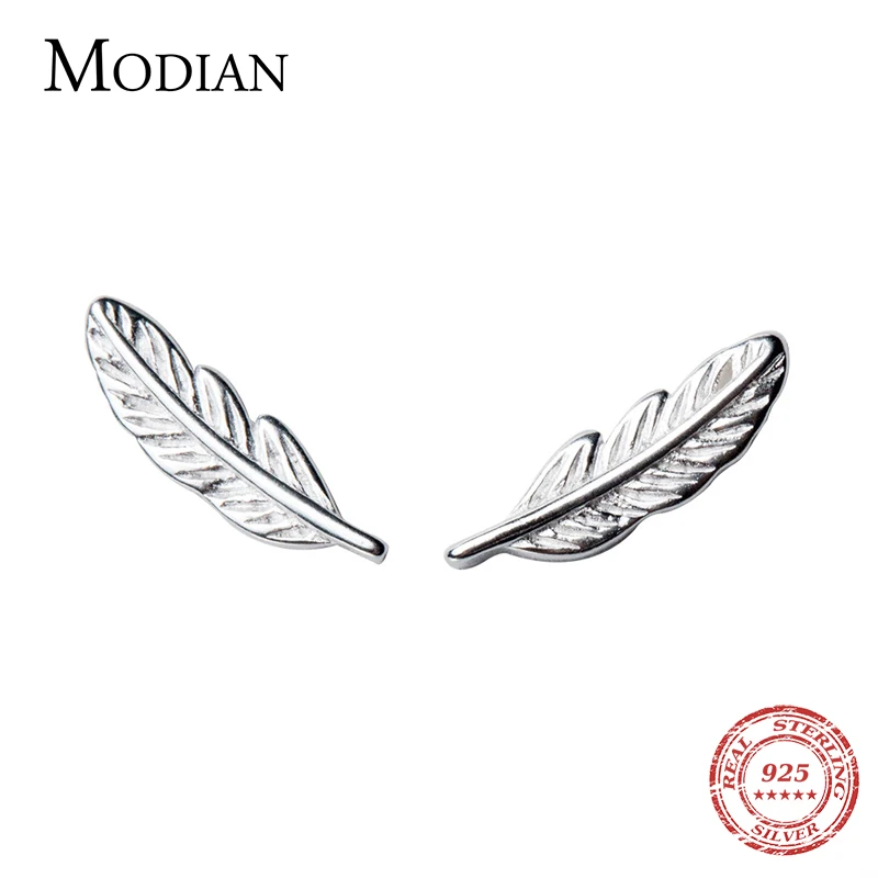 Modian Hot Sale 925 Sterling Silver Lucky Fashion Romantic Simple Feather Tree Leaf Stud Earrings For Women Silver Fine Jewelry 1