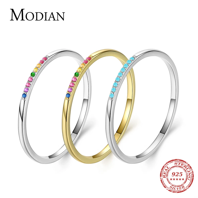 Modian New Real 925 Sterling Silver Trendy Rainbow CZ Stackable Colorful Finger Rings For Women Female Wedding Statement Jewelry 1