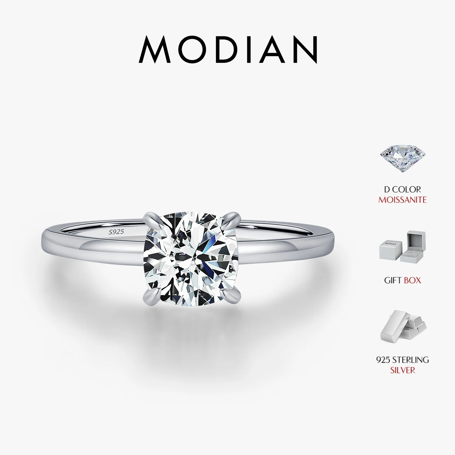MODIAN 1CT Moissanite Ring Delicate Square Cushion Cut Lab Diamond Ring 925 Sterling Silver Wedding Statement Jewelry For Women 1