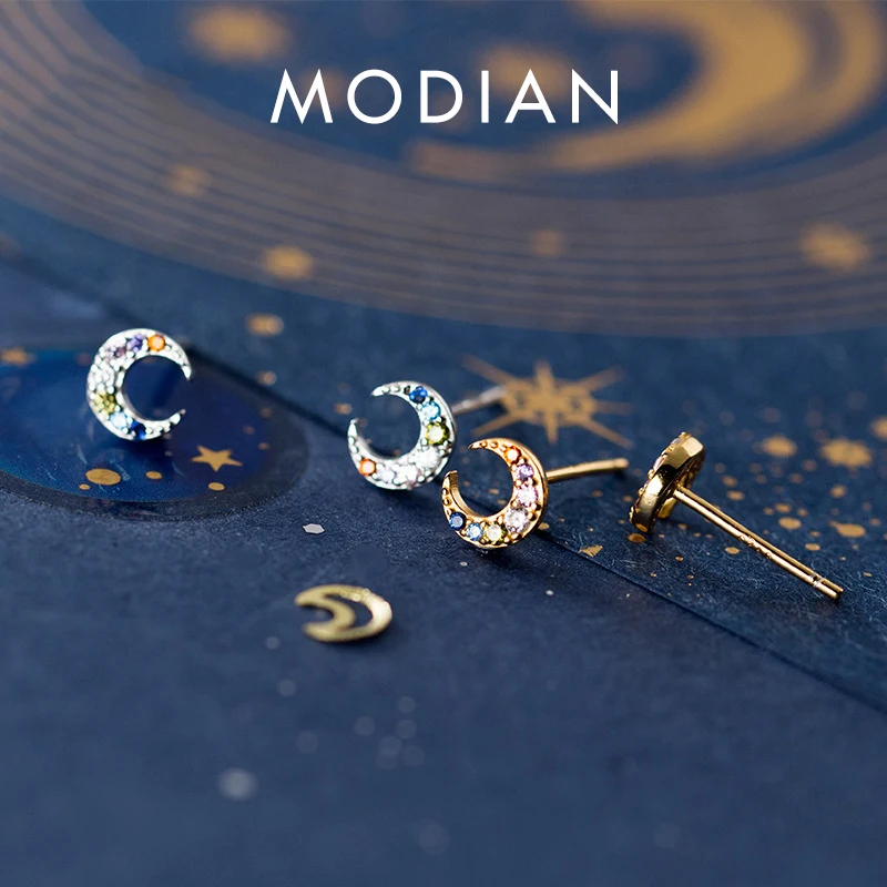 Modian New 925 Sterling Silver Colorful Crystal Moon Tiny Stud Earring for Women Luxury Ear Pin Fine Jewelry Student Accessories 1