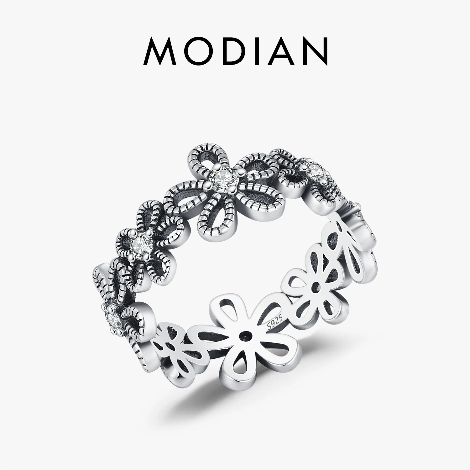 MODIAN 925 Sterling Silver Vintage Hollow Small Flower Sparkling Zirconia Eternity Band Rings For Women Fine Jewelry 1