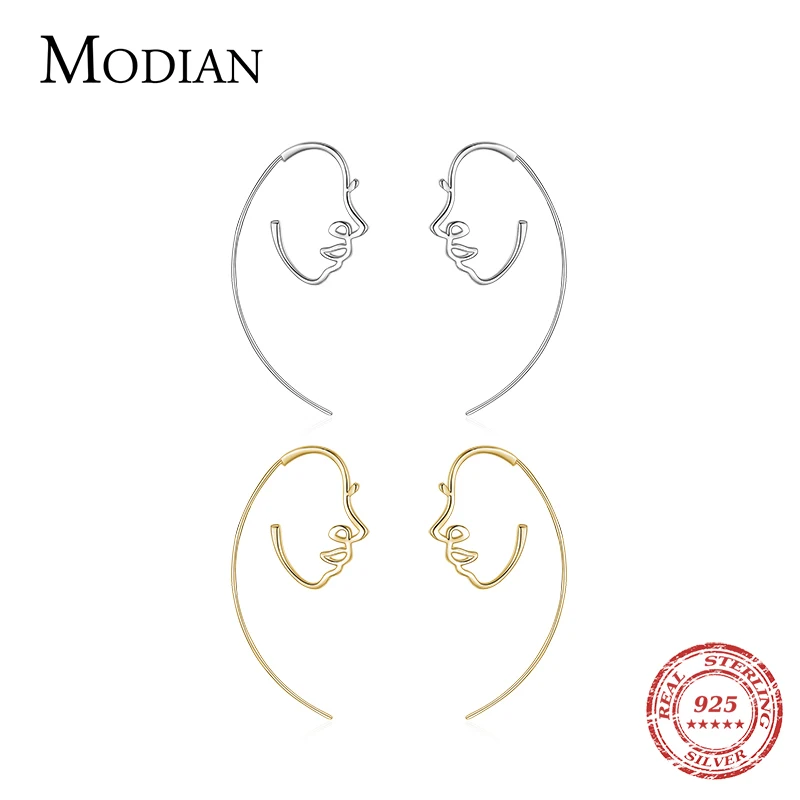 Modian 100% 925 Sterling Silver Astract Human Face Hoop Earrings Fashion Elegant Line Ear For Women Girls Fine Jewelry Arete 1