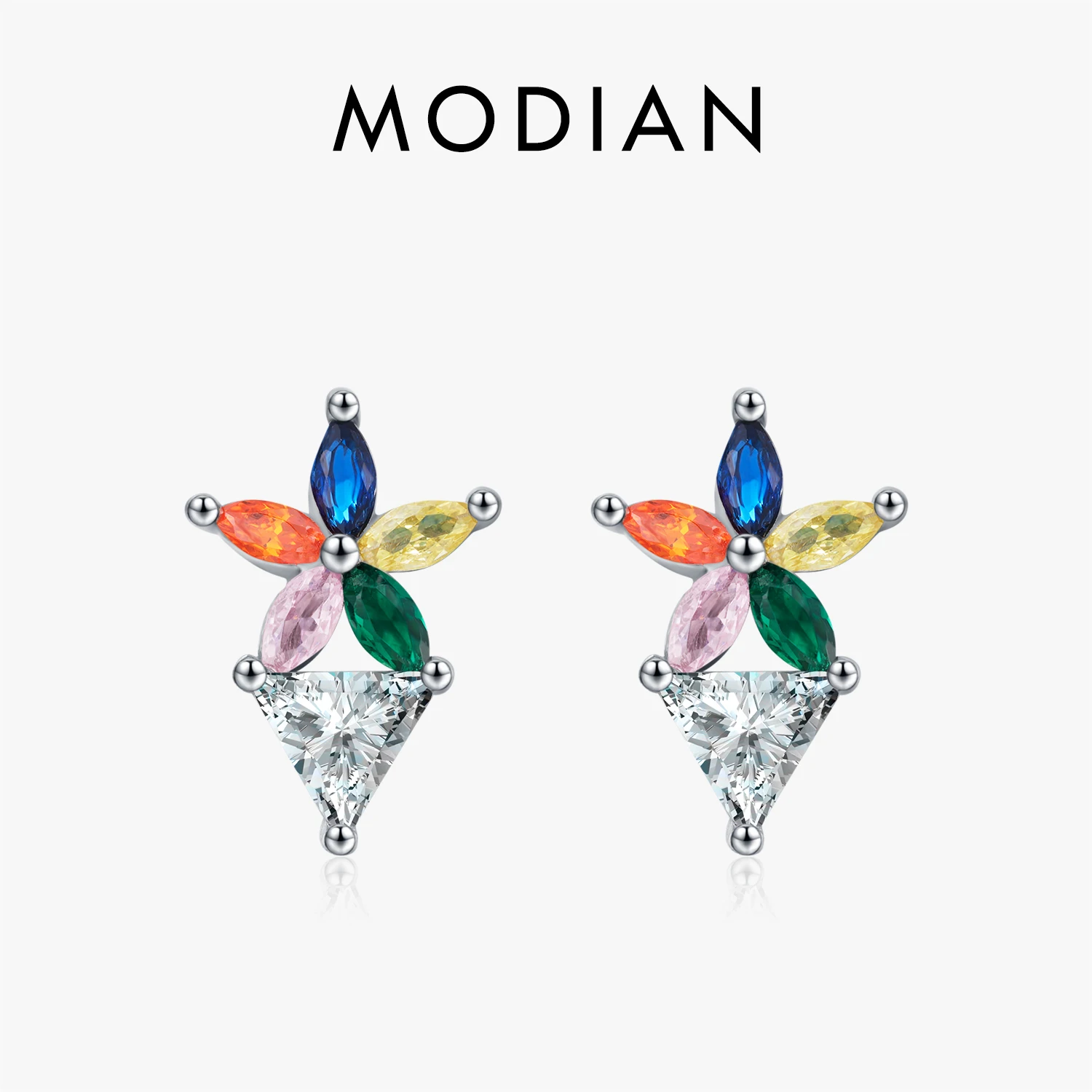 MODIAN 925 Sterling Silver Sparkling Rainbow Triangle CZ Candy Color Flower Stud Earrings For Women Party Fine Jewelry 1
