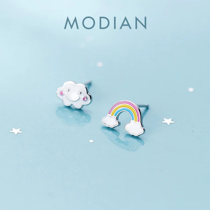 MODIAN Colorful Enamel Cute Rainbow Clouds Asymmetry Stud Earring for Women 925 Sterling Silver Ear Pin Fine Jewelry Kids Gift 1
