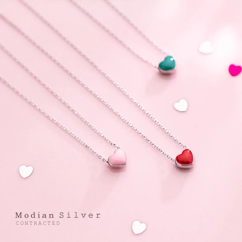 Modian Real 925 Sterling Silver Red Pink Green Enamel Hearts Pendant Necklace for Women Statement Fine Silver Jewelry Collar 1
