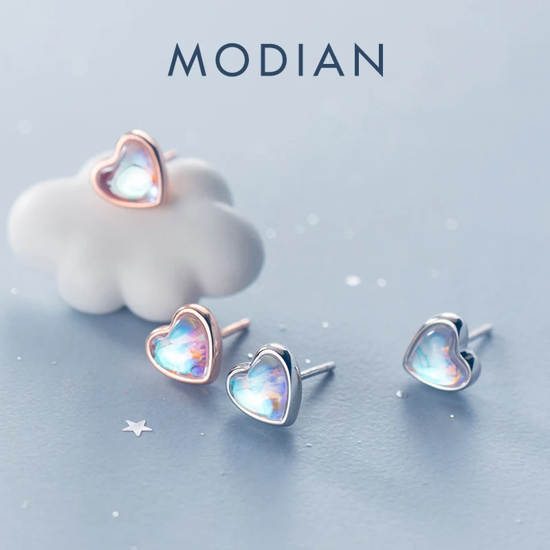 Modian Cute Hearts Stud Earrings for Women 925 Sterling Silver Rainbow Opal Ear Studs Wedding Engagement Statement Jewelry 1