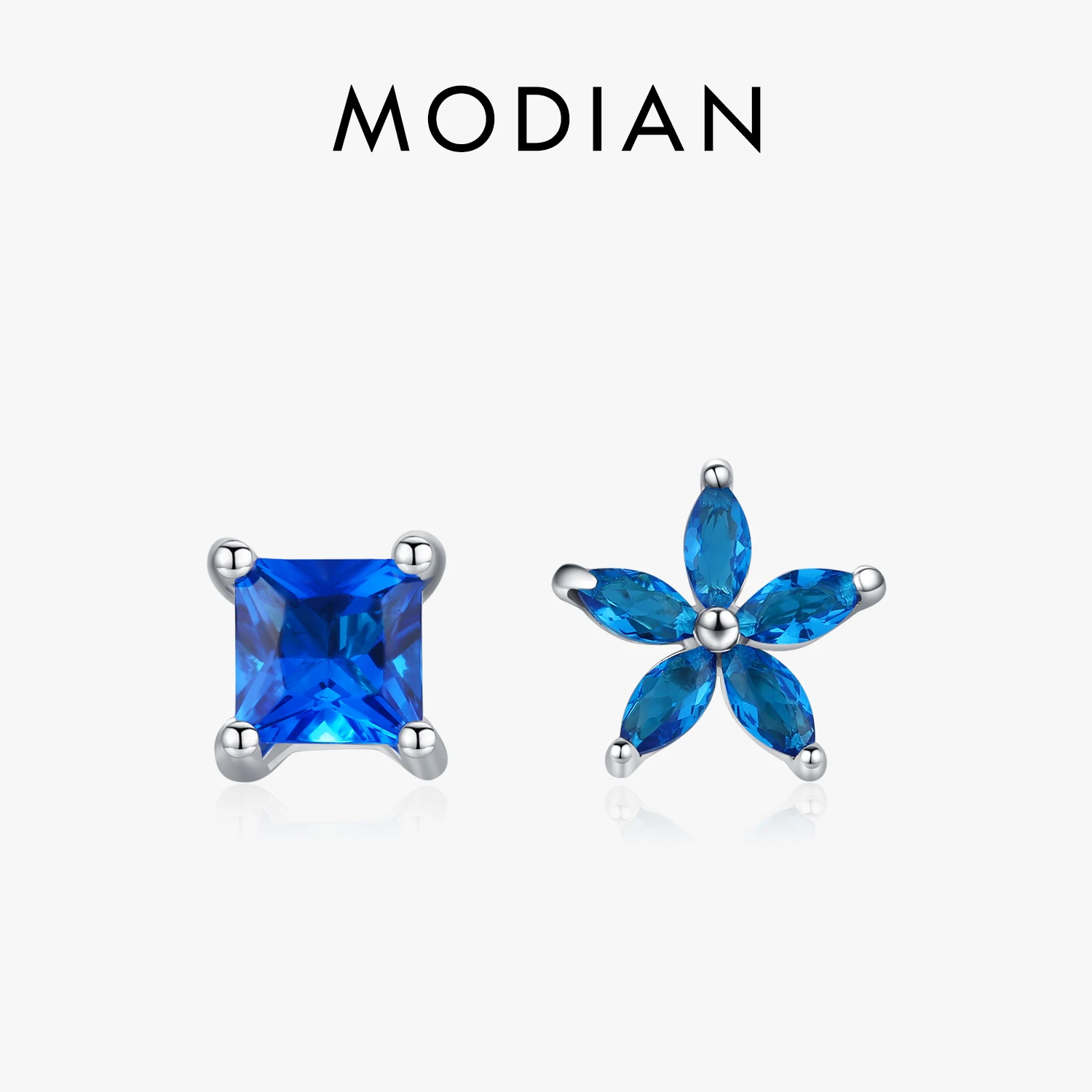 MODIAN 925 Sterling Silver Asymmetry Square & Flowers Blue Zirconia Stud Earrings Trendy Exquisite Earrings For Women Jewelry 1