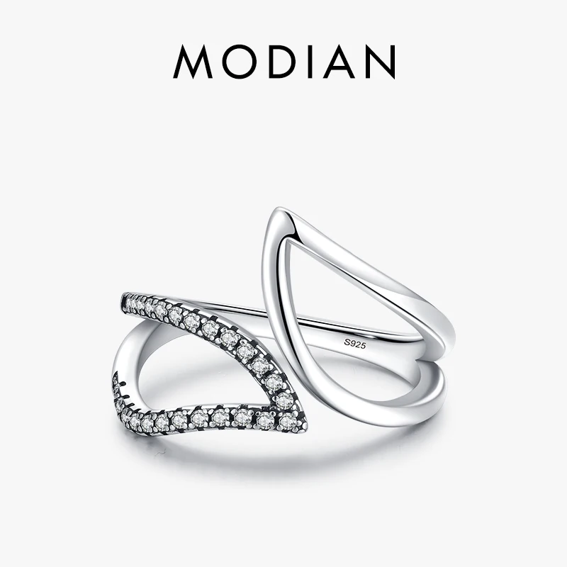 MODIAN 925 Sterling Silver Exquisite Geometric Line Ring For Women Sparkle Clear Cubic Zirconia Vintage Rings Fine Jewelry 1