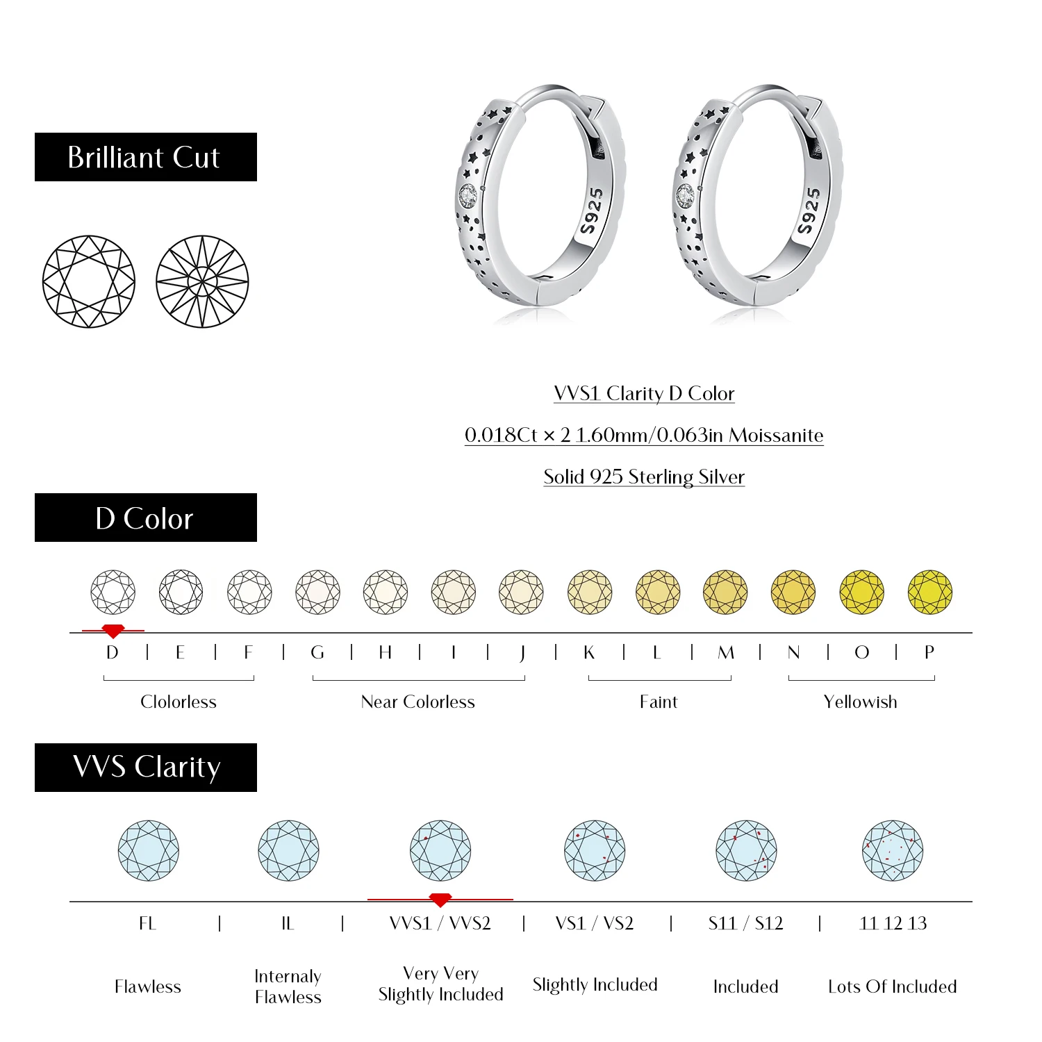 MODIAN D Color Moissanite Ear Buckles 925 Sterling Silver Sparkle Retro Hollow Stars Hoop Earrings For Women Fine Jewelry 3