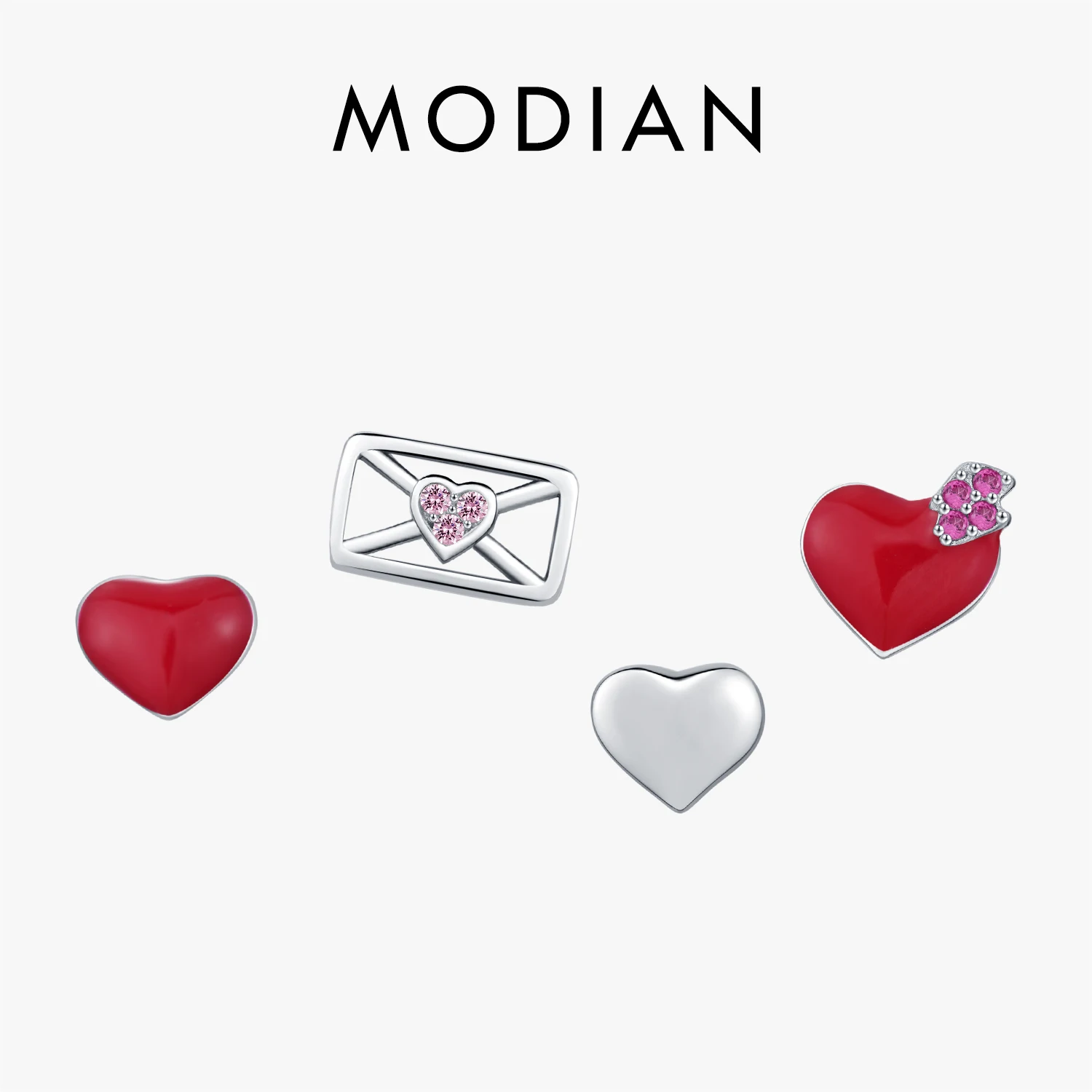 MODIAN 4PCS 925 Sterling Silver Sweet Red & Mirror Heart Love Letter Tiny Earrings Set For Women Fine Jewelry Anniversary Gifts 1