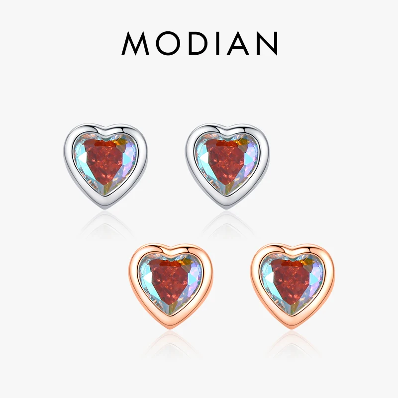 Modian 925 Sterling Silver Simple Tiny Hearts Multicolour Zirconia Charm Stud Earrings Classic Rose Gold Color Jewelry For Women 1