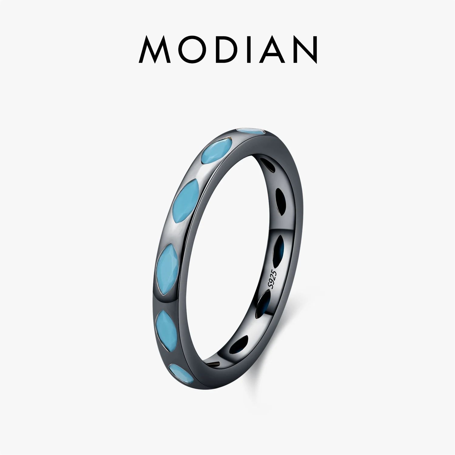 MODIAN 925 Sterling Silver Retro Rhombic Synthetic Turquoise Eternity Rings Daily Stackable Fine Jewelry For Women Gifts 1