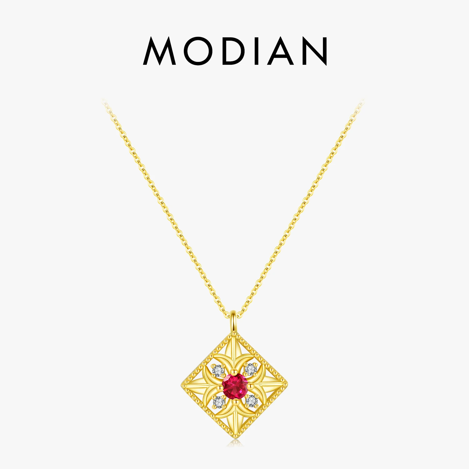 MODIAN 925 Sterling Silver Square Vintage Pattern Hollow Charm Pendant Necklace For Women Fine Jewelry Gold Color Link Chain 1
