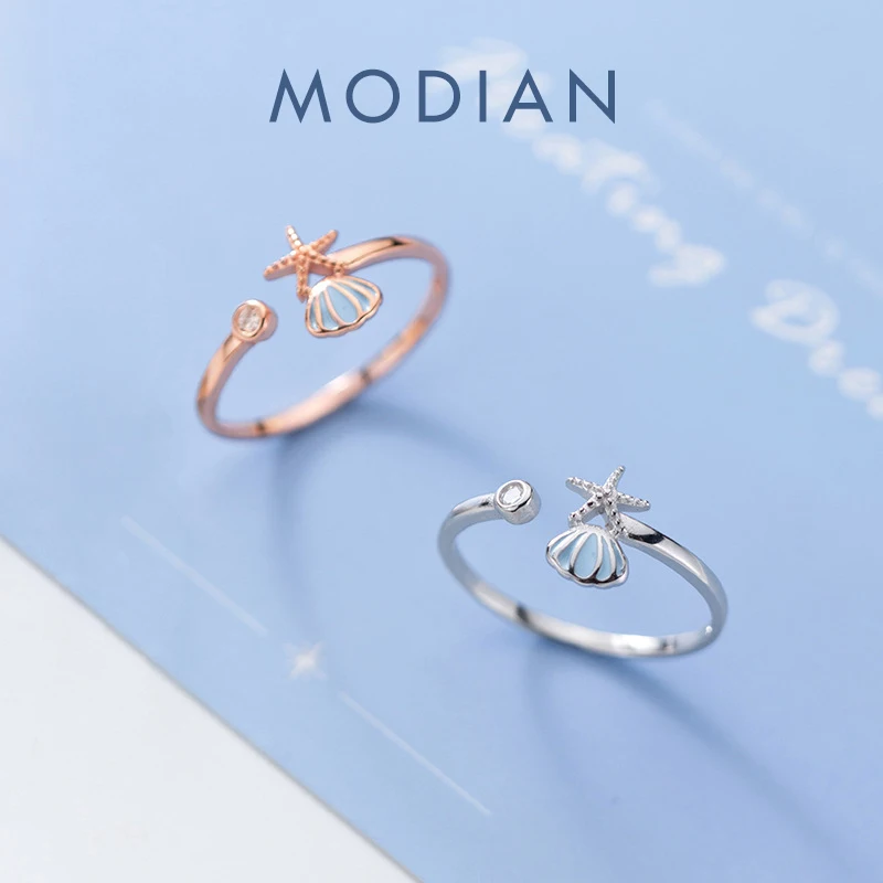 Modian Lovely Starfish Blue Shell Round Zircon 925 Sterling Silver Opening Finger Ring for Women Simple Ring Party Fine Jewelry 1