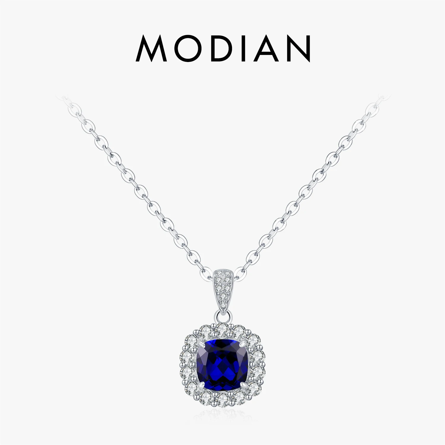 MODIAN 925 Sterling Silver Elegant Luxury Geometric Royal Blue Zirconia Pendant Necklaces For Women Anniversary Fine Jewelry 1