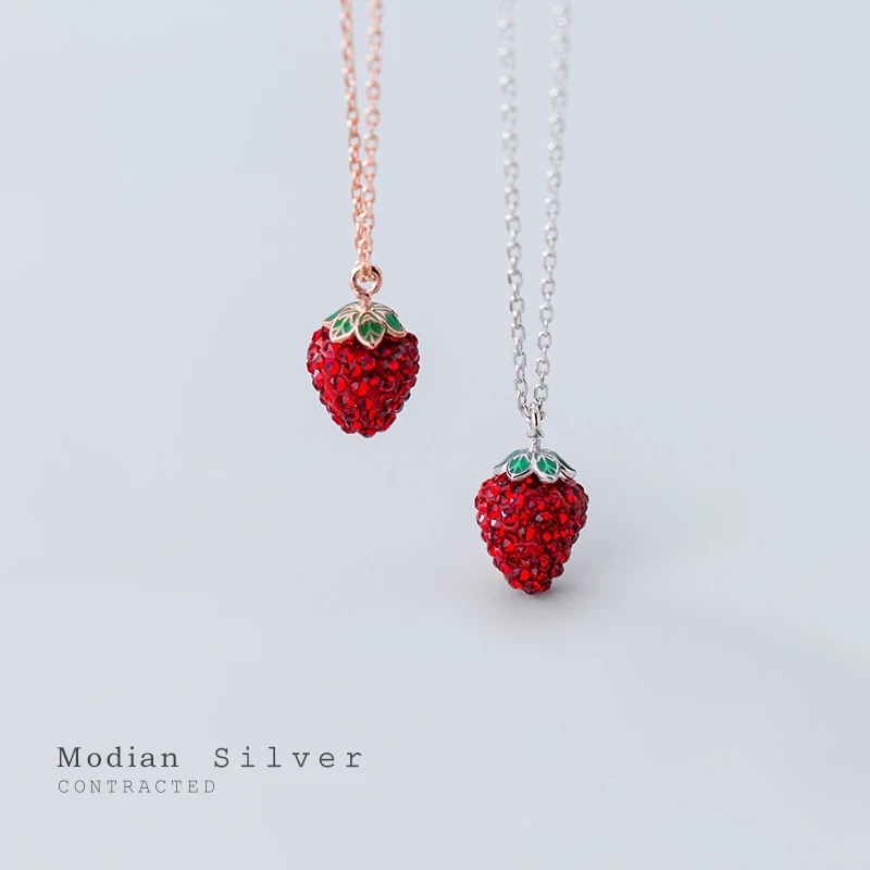Modian Genuine 925 Sterling Silver Fashion 3D Strawberry Pendant Necklace for Women Crystal Chain Link Necklaces Fine Jewelry 1