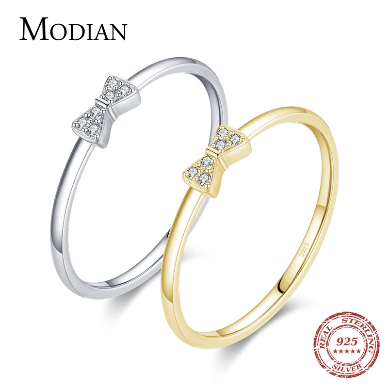 MODIAN Pure 925 Sterling Silver Gift With Small Bow Finger Rings For Women Cute Stackable Rings Band Silver Fine Jewelry Anel 1