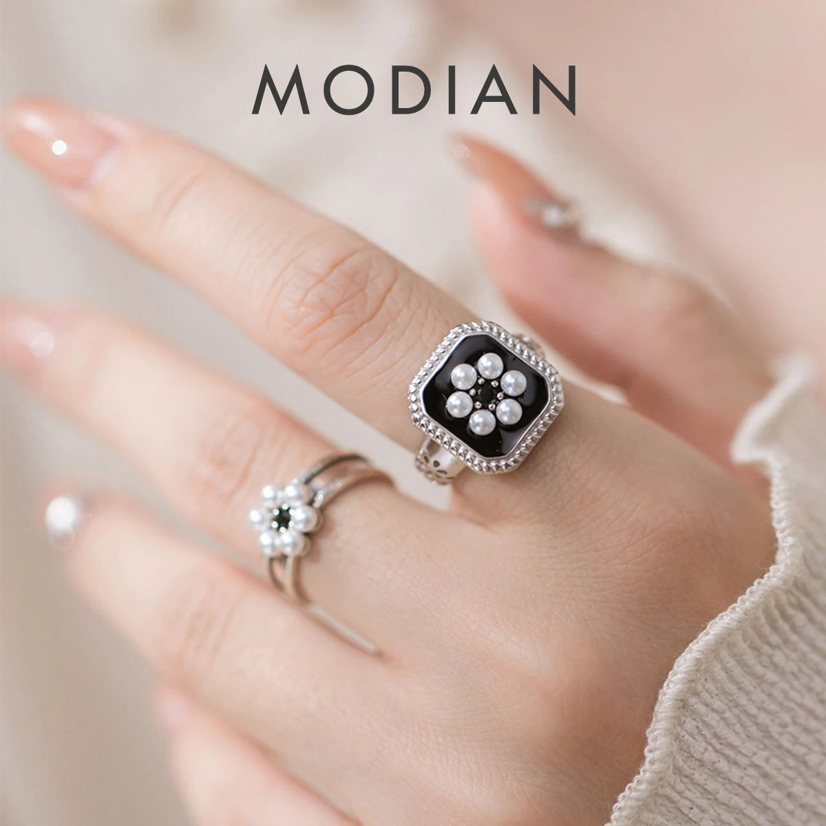 MODIAN 925 Sterling Silver Luxury Black Enamel Flowers Square Adjustable Size 6-8 Finger Rings Elegant Fine Jewelry For Women 1