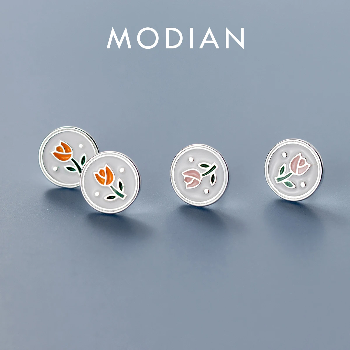 Modian Vintage Enamel Round Stud Earrings 925 Sterling Silver Simple Cute Flower Ear Studs For Women Prevent Allergy Jewelry 1