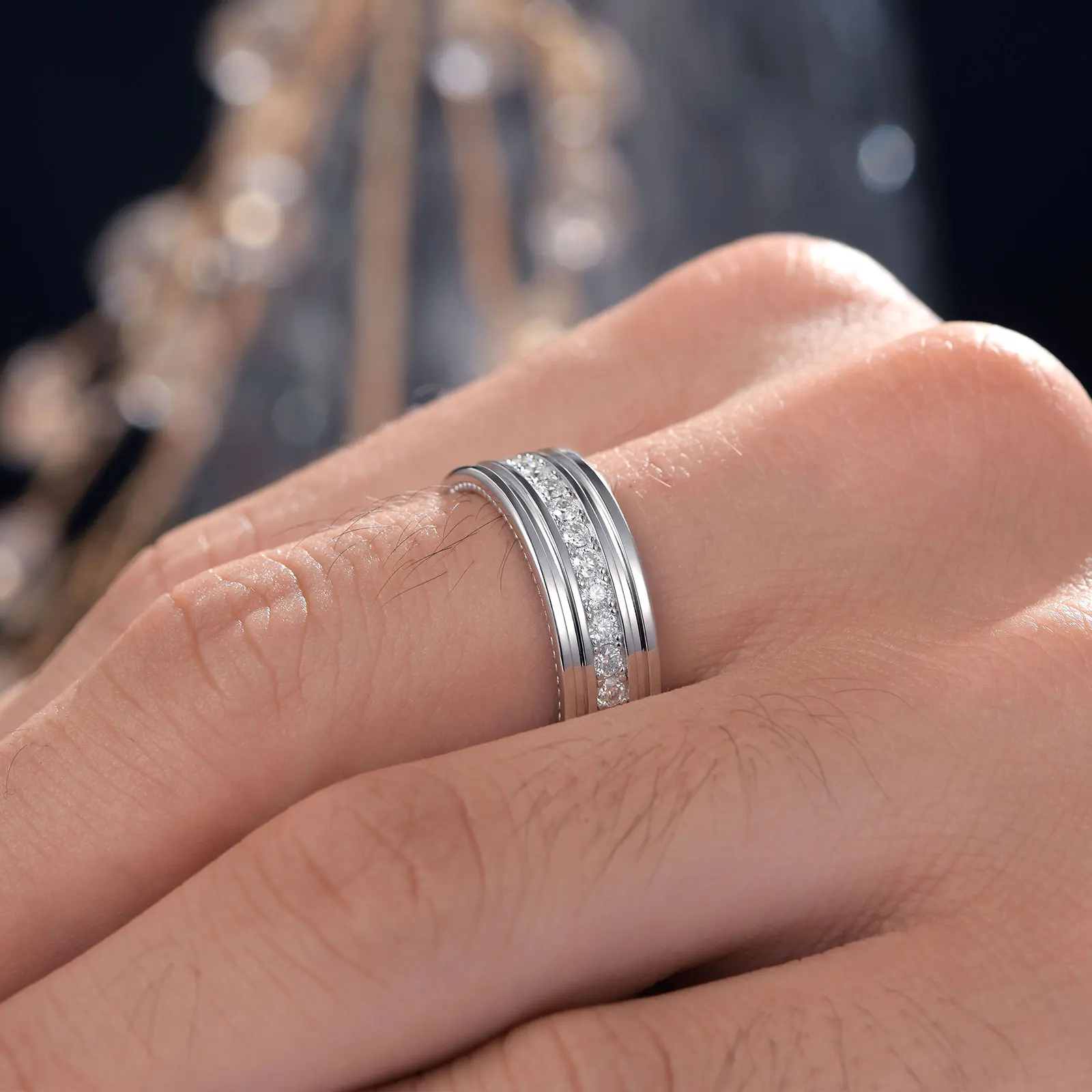 Newshe D Color Men’s Moissanite Wedding Bands 925 Sterling Silver Promise Rings for Him Eternity Round Cut Pave Setting Jewelry 4