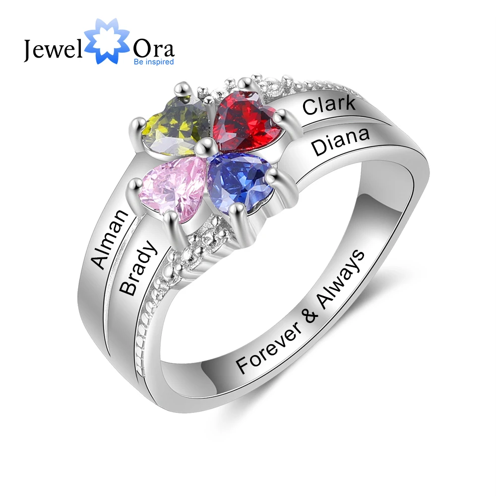 JewelOra Customized Family Name Mothers Ring with 4 Heart Birthstones Silver Color Personalized Engraved Rings for Women Gifts 1