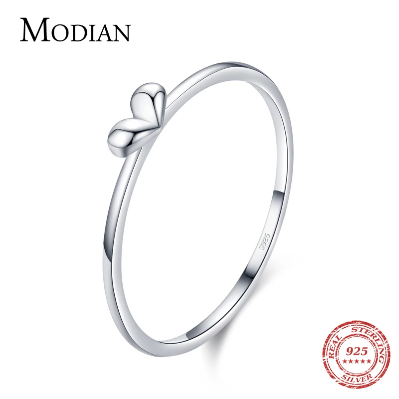 Modian Minimalist Real 925 Sterling Silver Cute Heart Trendy Finger Ring For Women Romantic Love Stackable Statement Jewelry 1