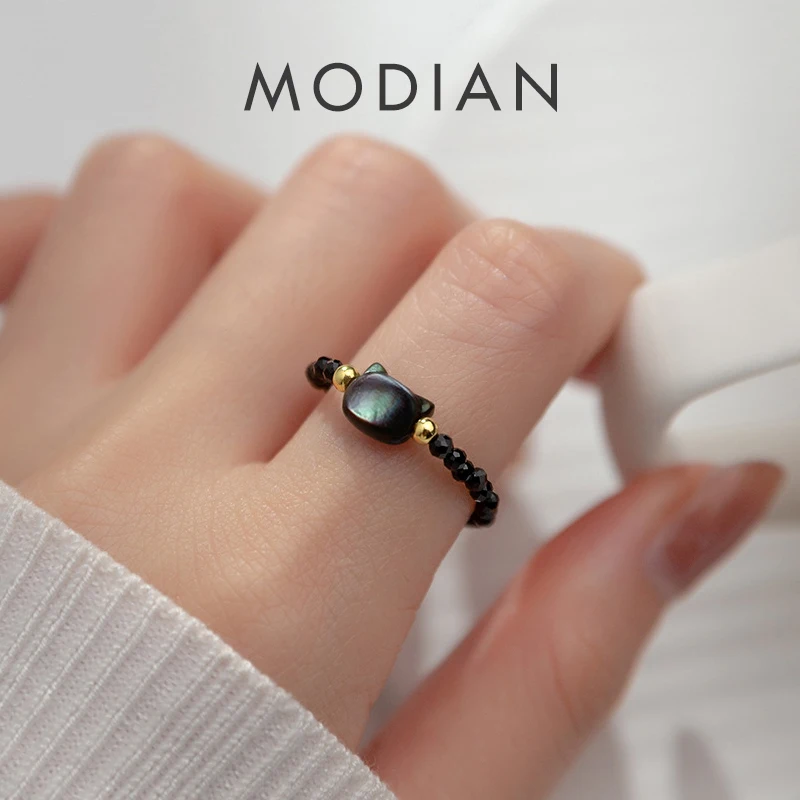 Modian 925 Sterling Silver Fashion Black Lucky Ctystal Cute Cat Beads Finger Ring Party Cocktail Rings For Women Fine Jewelry 1