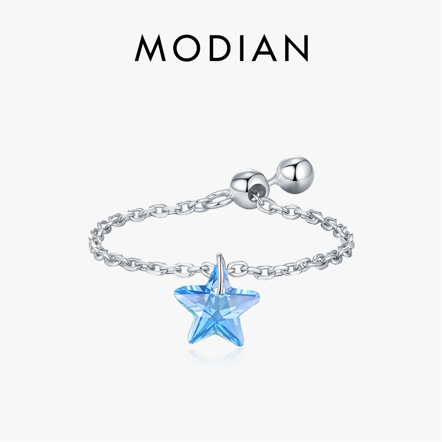 MODIAN 925 Sterling Silver Trendy Blue Star Cubic Zirconia Charming Link Chain Adjustable Finger Rings For Women Jewelry 1