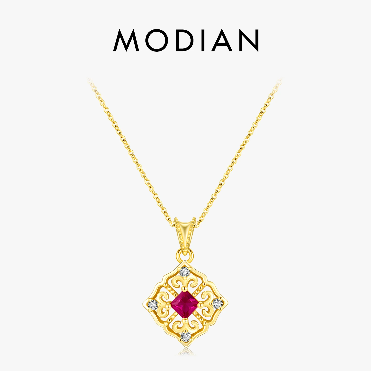 MODIAN 925 Sterling Silver Retro Hollow Pattern Pendant Necklace Prong Setting Red CZ For Women Birthday Gift Fine Jewelry 1