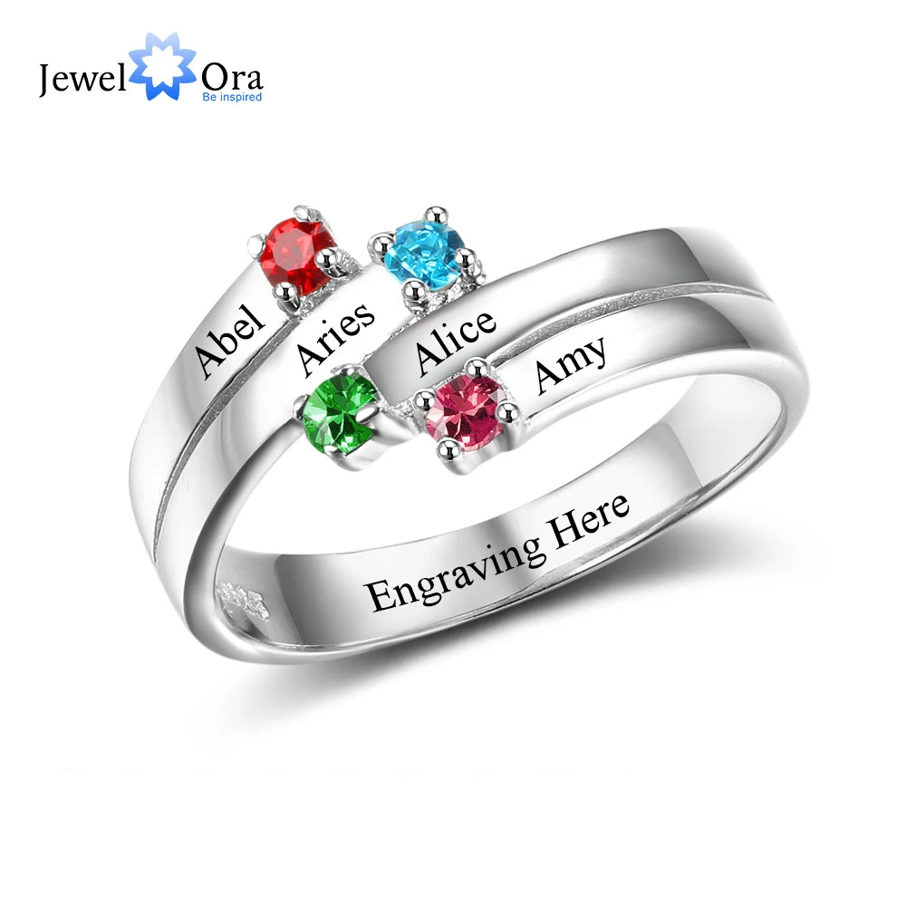 Anniversary Family Ring Engrave Names Custom 4 Birthstone Ring 925 Sterling Silver Commemoration Gift (JewelOra RI102507) 1