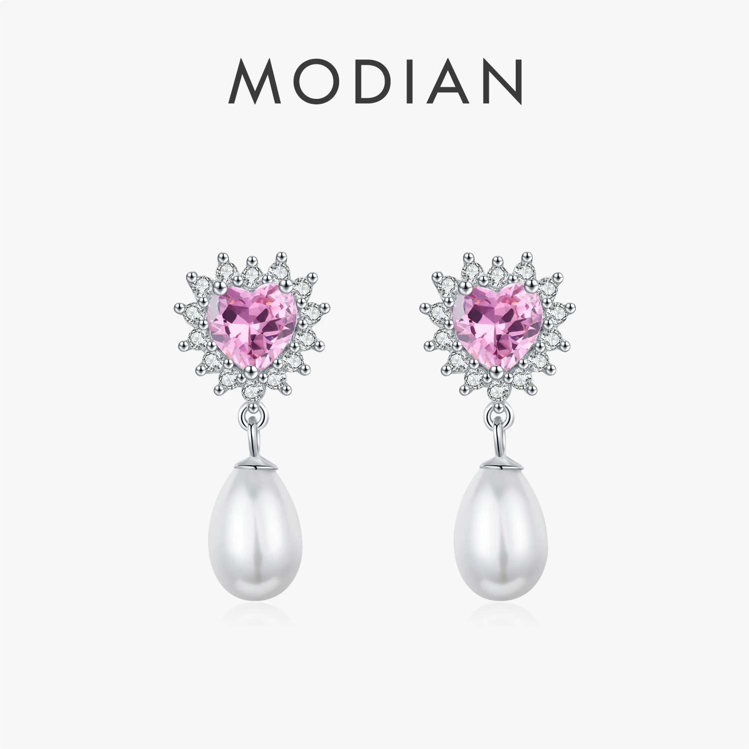 MODIAN 925 Sterling Silver Hearts Pink Zircon Romantic Dangle Earrings Elegant Shell Pearl Drop Earrings For Women Fine Jewelry 1