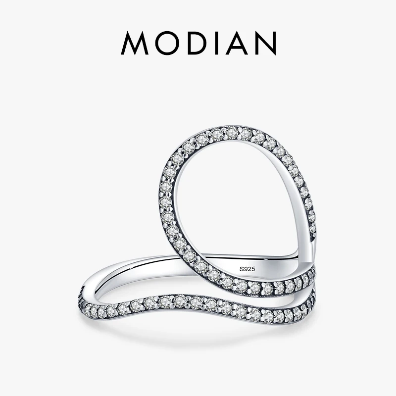 MODIAN Sparkling Clear Cubic Zirconia 925 Sterling Silver Cocktail Rings For Women Vintage Hyperbole Line Design Fine Jewelry 1