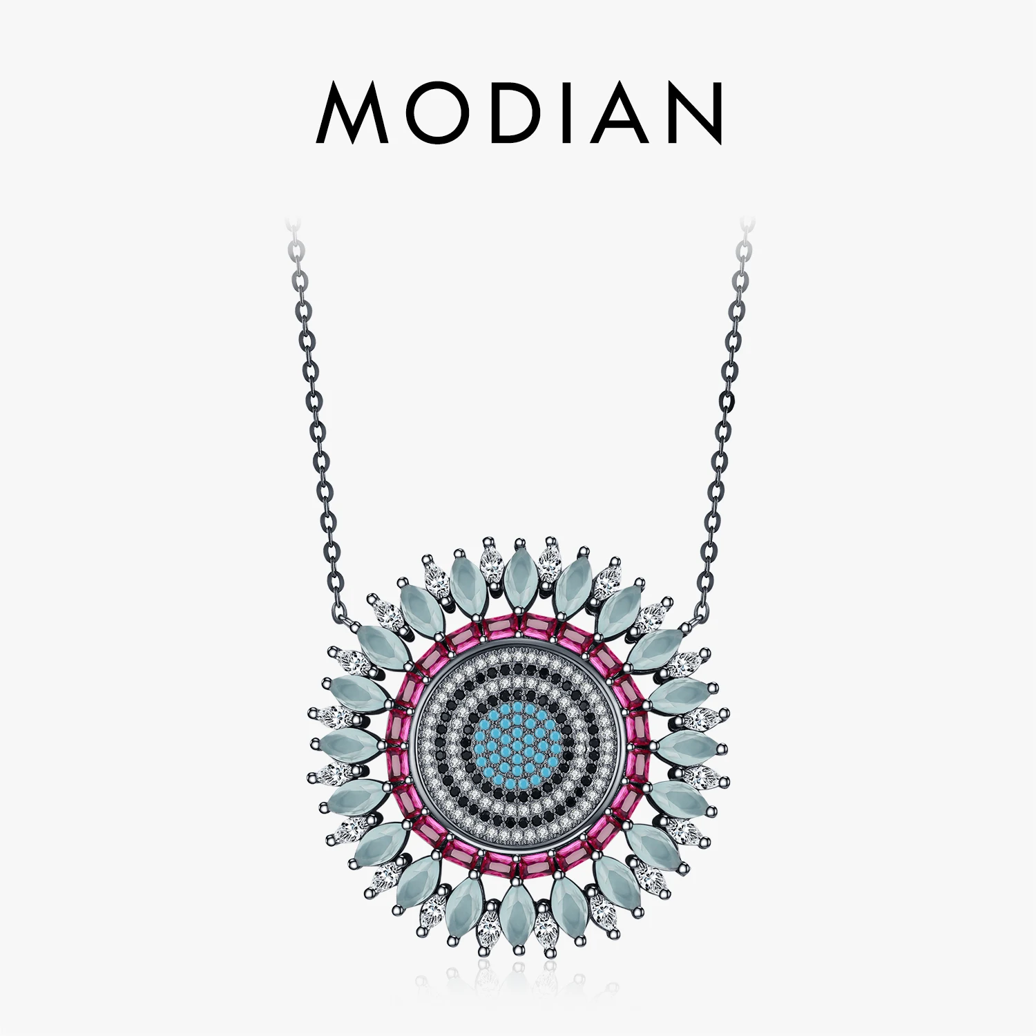 MODIAN 925 Sterling Silver Luxury Round Colorful Big Pendant Necklace Classic Black Mosaic Style Jewelry For Women Gifts 1