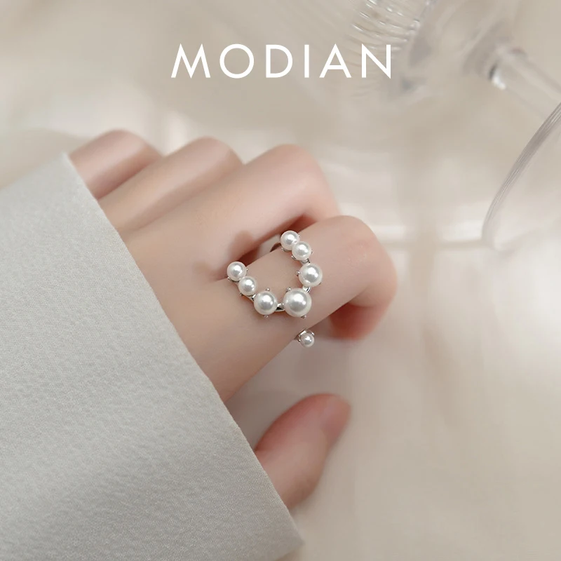 MODIAN 925 Sterling Silver Pearl Geometric Shape Adjustable Size 6-8 Finger Rings Fashion Platinum Plated Jewelry For Women Gift 1