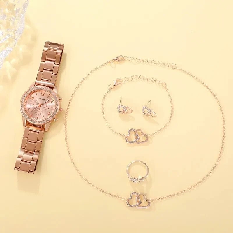✅6PCS Set Rose Gold Luxury Watch Women Ring Necklace Earring Rhinestone Fashion✅ | - Image 2