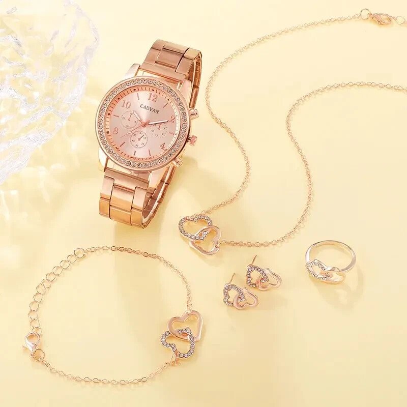 ✅6PCS Set Rose Gold Luxury Watch Women Ring Necklace Earring Rhinestone Fashion✅ | - Image 3