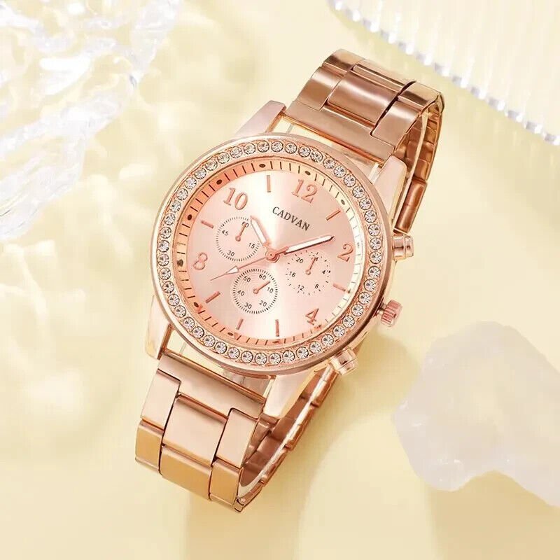 ✅6PCS Set Rose Gold Luxury Watch Women Ring Necklace Earring Rhinestone Fashion✅ | - Image 4